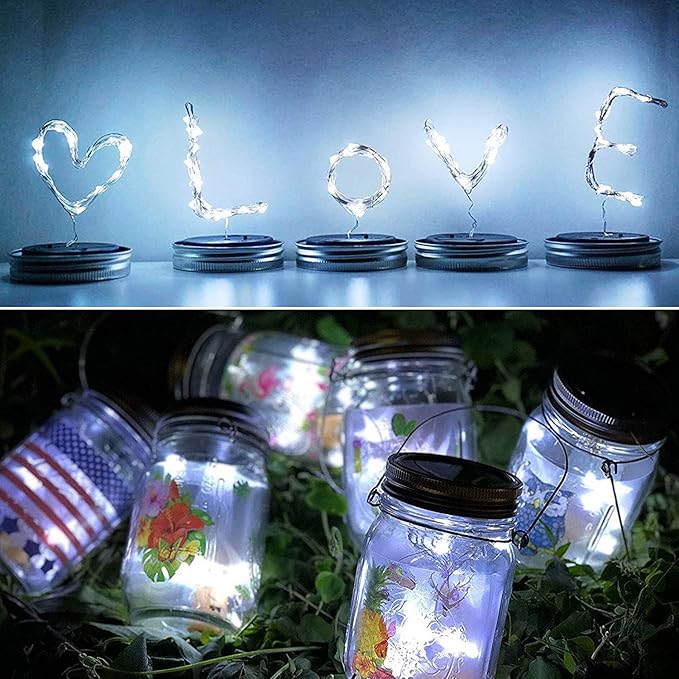 8 Pack Fairy Star Firefly Jar Lids Lights,Solar Fairy String Lids Lights（No Jars）,Waterproof Lantern Mason String Solar Lights with Hangers for Regular Mouth Jars Gifts(Cold White)