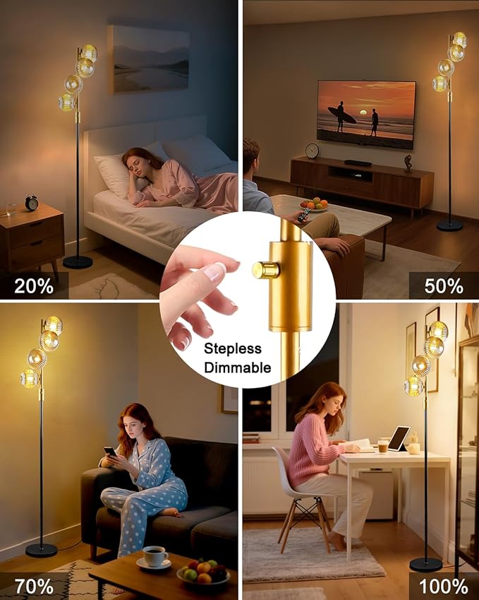 Lightdot 64IN Dimmable Floor Lamp with Glass Globe Shade, Modern Gold &Black Standing Lamps with 4PCS Warm White Bulbs Included, Mid Century Floor Lamp for Living Room/Sofa Beside/Corner Decor