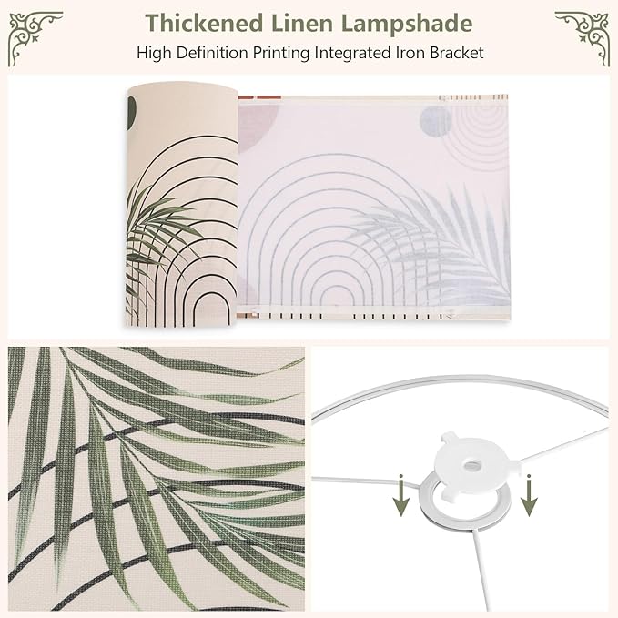 Fabric Linen Lamp Shade, Boho Lampshade with Tropical Plant and Line Pattern, 13x10inch Lamp Shades for Floor Lamps fit with Spider/Uno, Drum Lampshades for Table Lamp/Pendant (Easy Assemble)