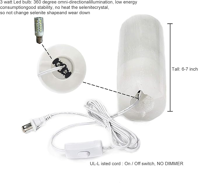 AMOYSTONE White Selenite Electric Lamp Natural Gemstones Crystals Light 3-4 lbs with Cord and Led Bulb Cylindrical 7"