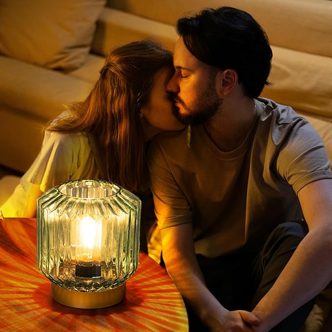 Battery Operated Lamp with Timer, Cordless Lamps for Areas No Outlets, Decorative LED Small Lamp with Original Vintage Lantern Design, Glass Mood Light for Entryway, Bedroom,Bathroom (Green)