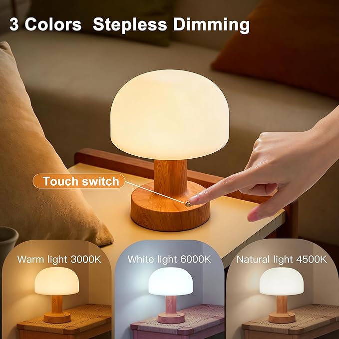 Cordless LED Table Lamp, 2000mAh Battery Operated Desk Lamp with 3 Color Modes & Stepless Dimming, Metal Night Light for Home Decor, Restaurant, Bedroom - USB-C Charging