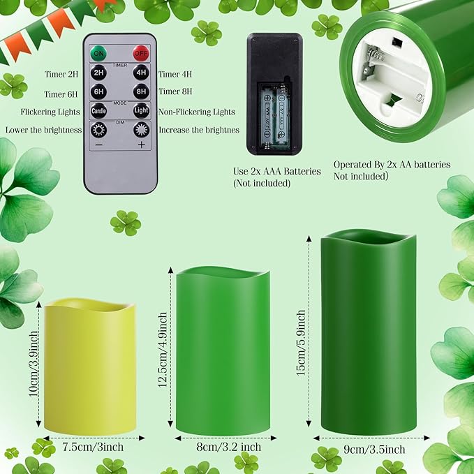 VIHOSE St. Patrick's Day Flameless Candles Battery Operated Flameless Pillar Candles Real Wax Fake Candle with Remote and Timer Flickering for St. Patrick's Easter Gift Home Party