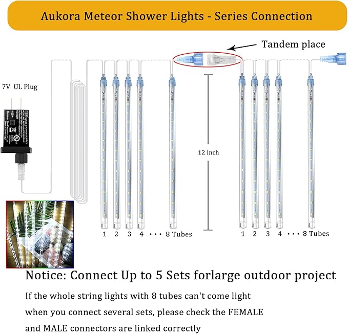 Aukora Christmas Lights Outdoor Meteor Shower Falling Rain Lights 12 inch 8 Tubes 192LED Snowfall Cascading Icicle String Light for Xmas Tree Decor Wedding Party Holiday Window Garden, UL Plug, White
