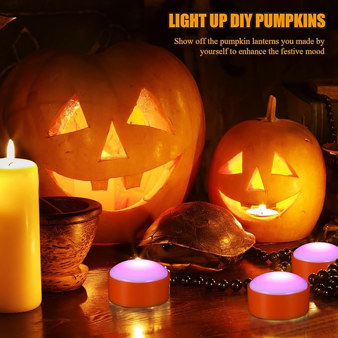 Riakrum 6 Pieces Remote Timer LED Lights with Remote LED Pumpkin Lights Battery Operated Lantern Bright Flameless Candle(Orang, Purple Light)