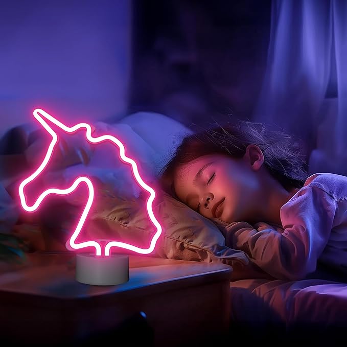 Unicorn Neon Sign with Holder Base, USB & Battery Powered, Pink Unicorn Neon Lights for Girs Room, Table Lamp Decor for Home, Bedroom, Living room, Bar, Office, Party, Christmas, Birthday Gifts