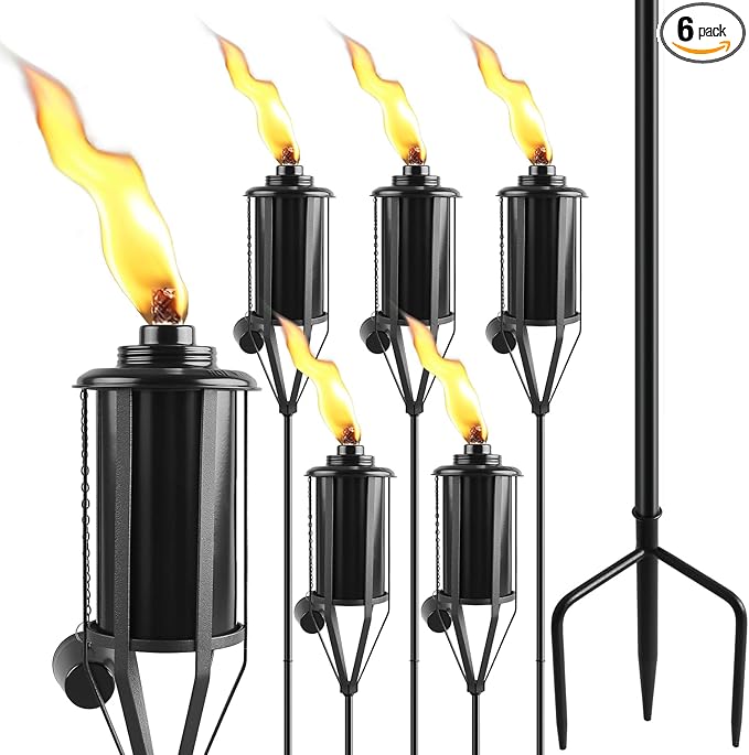 6 Pack Home Garden Torch, Large Capacity 16oz Outdoor Metal Torch Garden Décor,59-Inch Upgraded Citronella Torches with 3-Prong Grounded Stake, Table Top Torches for Party Patio Pathway