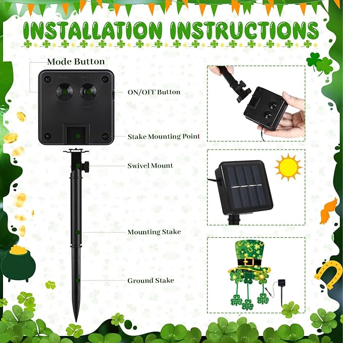VIHOSE Lighted St. Patrick's Day Garden Flag, 12 x 18 Inch 8 Modes Double Sided Solar Ireland Decorations, LED hat Clover Shamrocks Garden Flag, Lucky Outdoor Yard Decor for St Patrick Porch Lawn