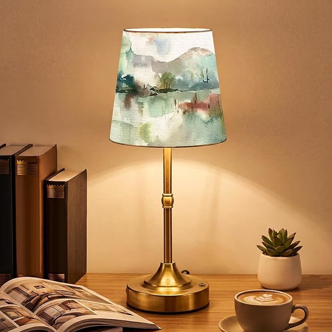 Cordless Table Lamp for Bedroom Bedside Mountains Country Linen Lampshade with Rechargeable Table Lamp Watercolor Desk Light for Farmhouse Nightstand Living Room Nursery Home Decor