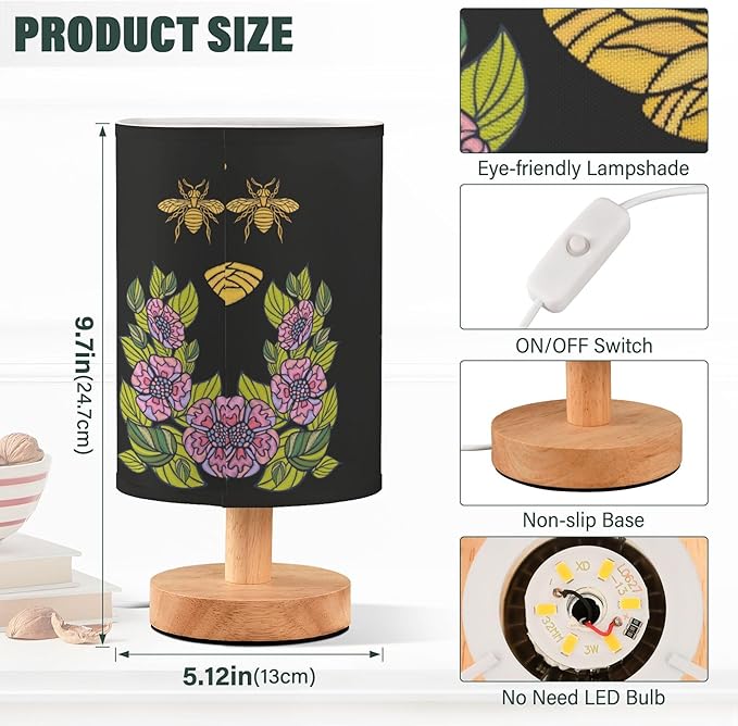 Table Lamp Honey Queen Bee Bumblebee Crown Flower Floral Wreath Nightstand Lamp with Wood Base Fabric Lamp Shade Bedside Desk Lamp for Living Room Bedroom Kids Room Office
