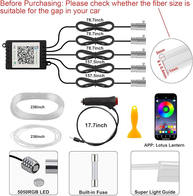 Interior Car LED Strip Lights APP Control, 5 in 1 RGB 16 Million Colors Ambient Lighting Kit with 236 inches Fiber Optic, Music Mode Inside Car Lighting Decorations