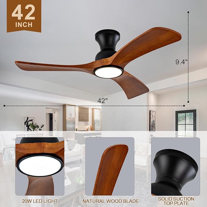 42 inch Flush Mount Ceiling Fans with Lights,Remote Control,Wall Switch,Solid Wood Blades,Dimmable,Reversible,Noiseless,Power Off Memory Low Profile Ceiling Fan for Bedroom Patio Indoor/Outdoor