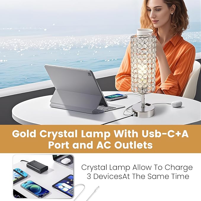 Crystal Table Lamp Set of Two Chrome Dimmable USB Charging Touch Control Bedside Lamps for Night Stands Bedroom Living Room (Bulb Included)