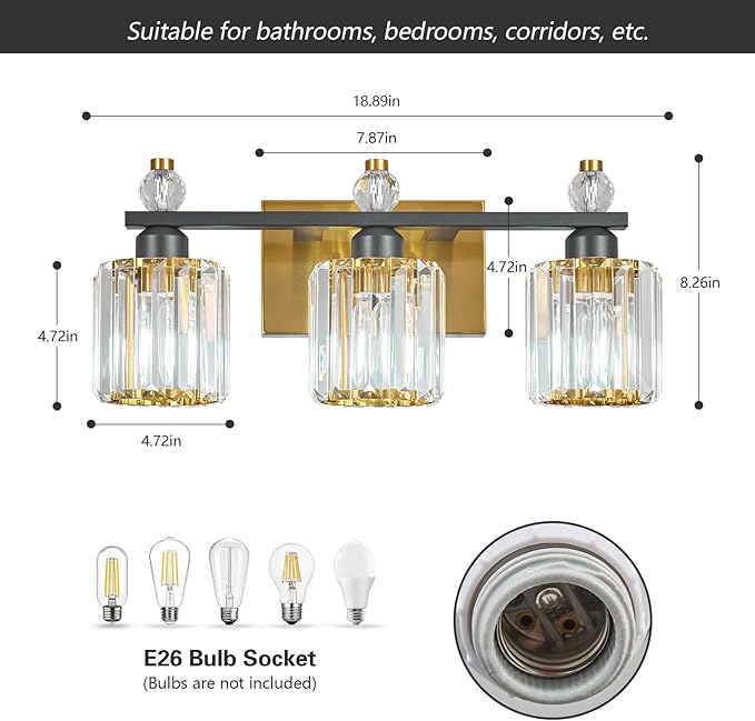 Bathroom Vanity Lights 3-Light Sand Black Gold Modern Crystal Vanity Light Fixtures Over Mirror Crystal Bathroom Vanity Lighting Fixtures