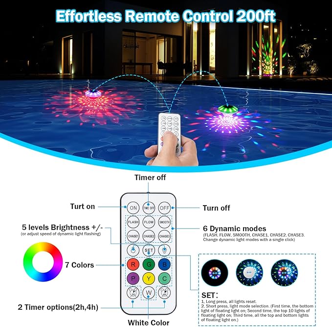 Floating Pool Lights(1 PACK), Upgraded Pool Lights with 6 Dynamic Lighting Effects, Rechargeable 4000mAh IP68 Waterproof Upper and Lower RGB Color Changing Light with Remote for Pond, Hot Tub 1 PACK