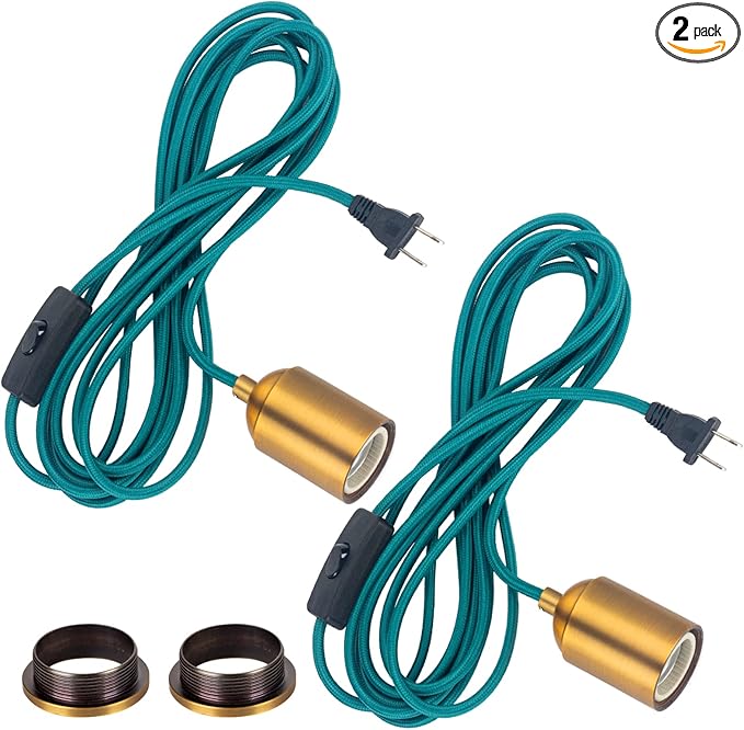 Hanging Light with Plug in Pendant Kit Cord Rope Lamp Bulb Socket Teal Exposed Lantern Fabric Cloth Switch Fixture with Braided Cords Industrial Porcelain Gold Holder DIY Swag Lighting 15ft 2 Set