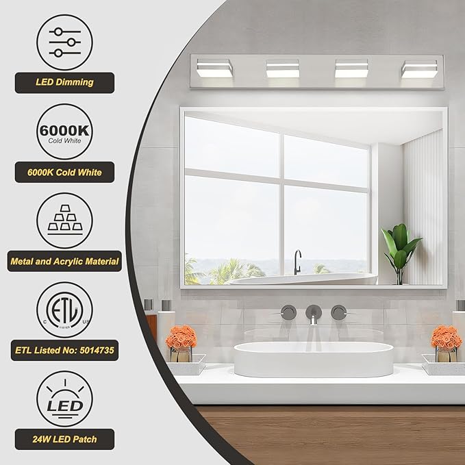 OKELI 4 Lights Bathroom Vanity Light Fixtures Brushed Nickel LED Dimmable Vanity Light Over Mirror Modern Wall Mounted Lighting Fixture, 350° Rotatable Lamp Head 32W Cold White 6000K ETL Listed