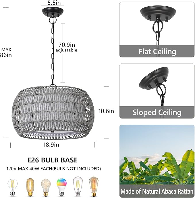 Farmhouse Chandelier Light Fixtures，5-Lights Rattan Dining Room Light Fixture,Woven Boho Chandeliers for Dining Room with Fabric Shade,Rustic Chandeliers Hanging Light Fixtures for Kitchen Island-Grey