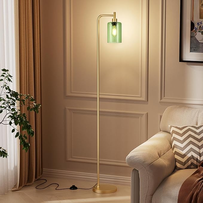 Floor Lamps for Living Room - Industrial Standing Lamp with Green Glass Shade, Modern Gold Floor Lamp with LED Bulbs, Farmhouse Floor Lamp for Bedroom, Tall Lamp for Office
