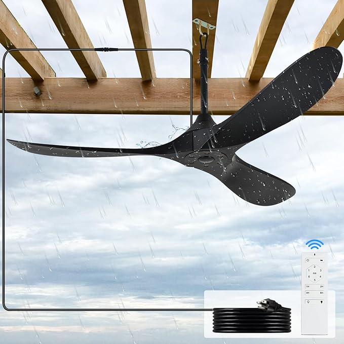Outdoor Ceiling Fan no Light Waterproof - Plug in Hanging Hook for Patio, Porch, Gazebo - 42 inch Wet Rated Weatherproof Exterior Black 3 Blades Ceiling Fan with Remote