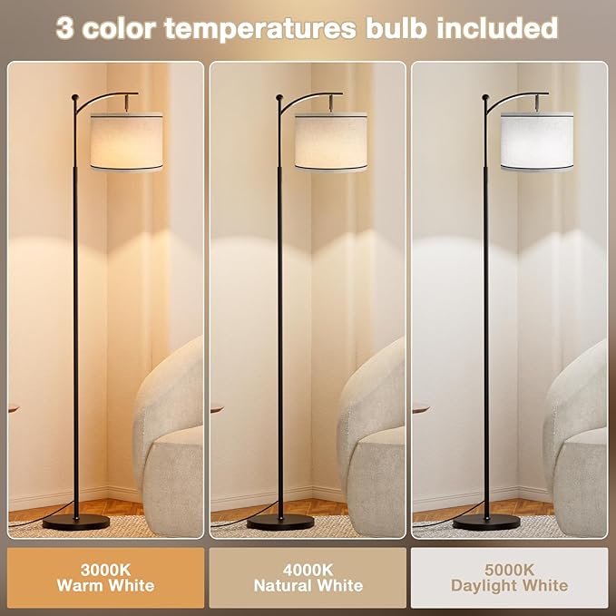Ambimall 60" Floor Lamps for Living Room with 3 Color Temperatures, Beige Lampshade with Black Stripes, Tall Lamps for Living Room Bedroom Office, 9W Bulb Included