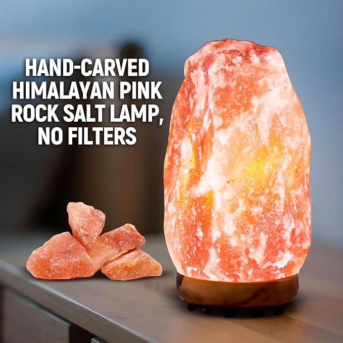 Himalayan Glow Salt Lamp 7-10” (6-8 lb) with Dimmer Switch - All Natural and Handcrafted with Wooden Base and Light Bulb