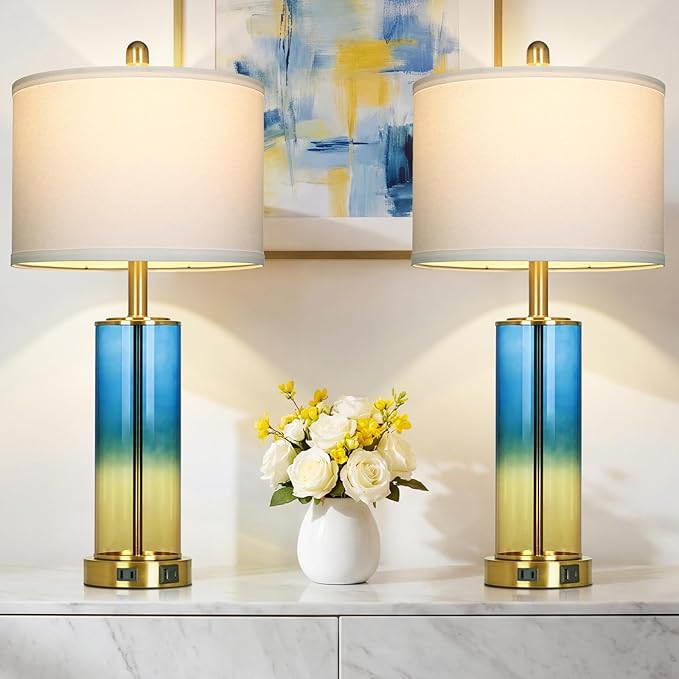 26" Blue and Gold Glass Lamps Set of 2, 3-Way Dimmable Touch Coastal Bedroom Table Lamp with USB C+A Ports & AC Outlet, Elegant Brass Living Room Lamp, Nautical Bedside Lamps for Night Stands