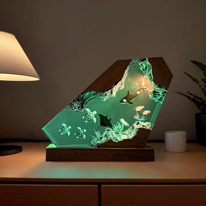 Orca Ocean Resin Lamp, Handmade Wooden Table Resin Night Light, USB Port Art Ornaments for Home Office Decor, Scuba Diver Gifts for Birthday Holiday, Unique Thanksgiving Day and Christmas Gifts