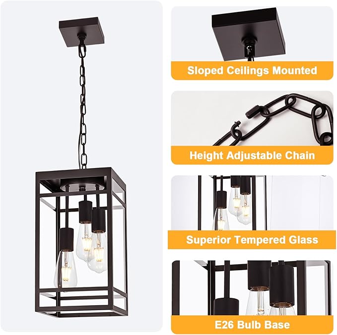 3-Light Outdoor Pendant Lights for Porch, Oil Rubbed Bronze Outdoor Chandelier 16'' Exterior Hanging Porch Light Fixtures w/Clear Glass, Waterproof Outside Pendant Lantern for Garage Foyer