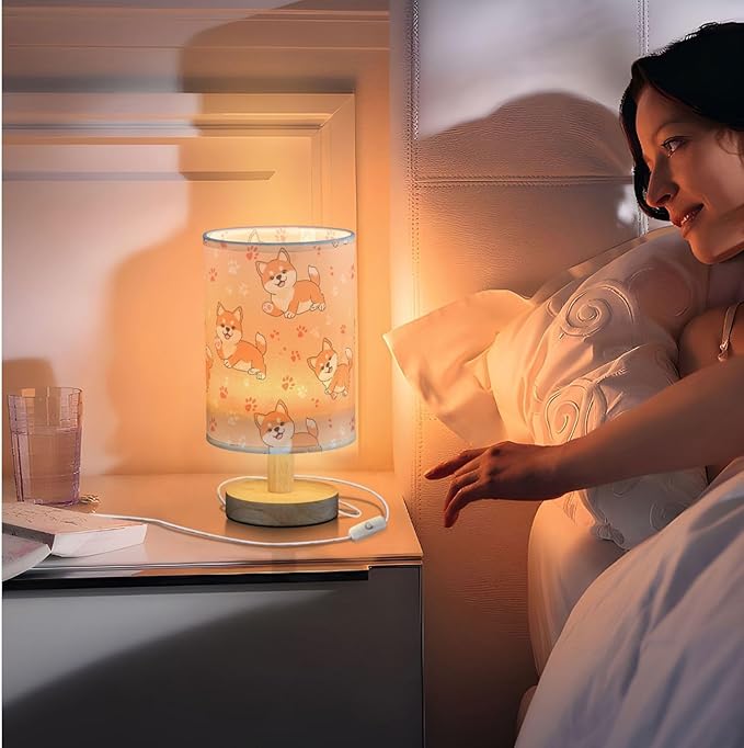 Fustylead Cute Happy Shiba Inu and Paw Prints Bedside Table Lamps with USB Port for Bedroom Lamp Accent Table Lamp Small Nightstand Lamp Linen Shade Decorative Lamps for Kids|Reading|Dome|Home