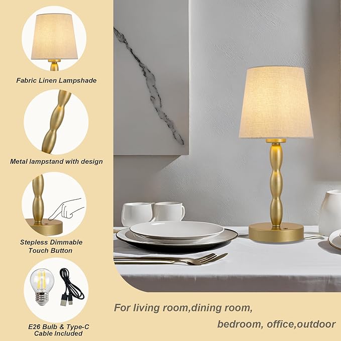 CASTLELIFE Portable Cordless Table Lamp,Touch Desk Lamp Rechargeable Battery Powered, 3-Level Brightness Stepless Dimmable Bedside Night Lamp,for Bedroom/Restaurant/Bars/Outdoor, Bulb Included,Gold