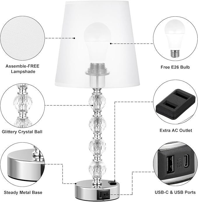 Acaxin Crystal Table Lamp Set of 2 for Bedroom/Living Room, 17.5in (White)