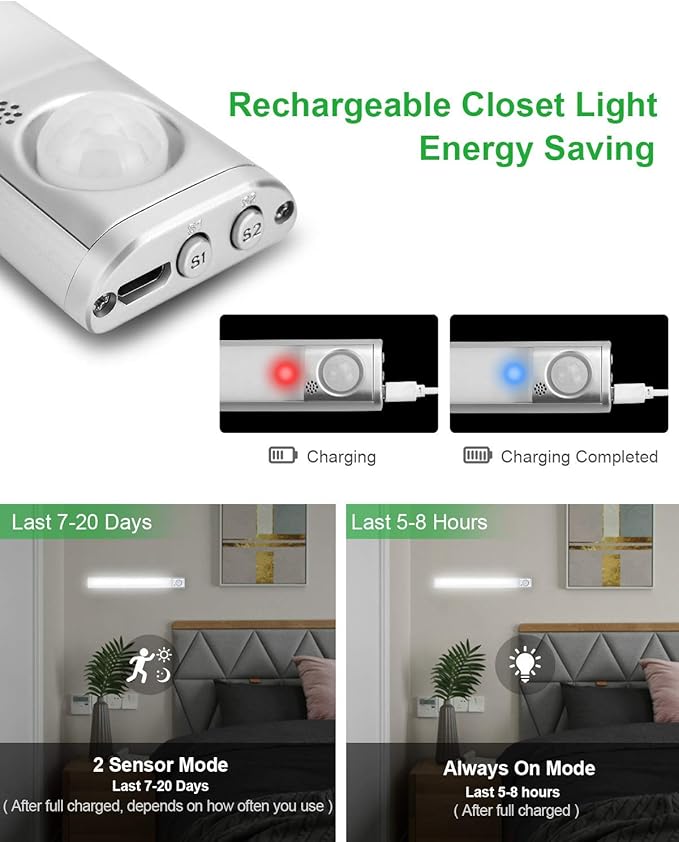 Under Cabinet Lighting, 80 LED Motion Sensor Light Indoor, Rechargeable Closet Light, 3 Color Temps Under Cabinet Lights, Wireless Dimmable Under Counter Lights for Kitchen, Pantry (2 Pack)