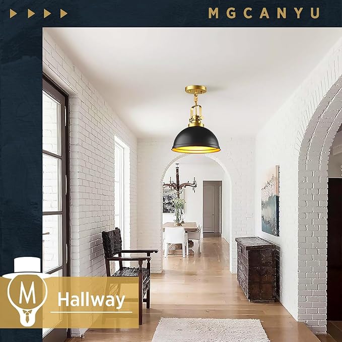 2-Pack Black Gold Pendant Lighting, Farmhouse Metal Pendant Lights Modern Matte Black Dome Industrial Light Fixture for Kitchen Island Restaurant Dining Room Hallway Entrance