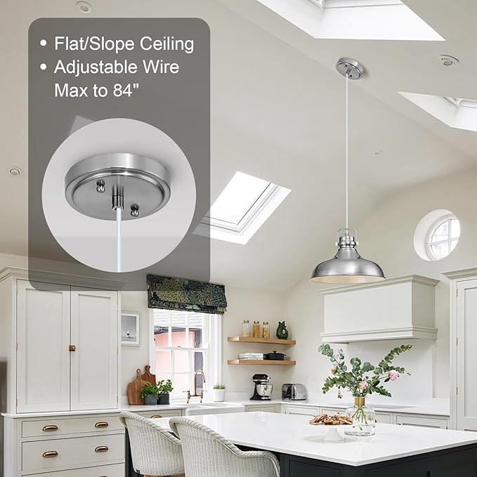 Brushed Nickel Farmhouse Pendant Lights Matte Pendant Lighting for Kitchen Island Industrial Adjustable Height Vintage Dome Hanging Light Fixtures for Barn, Dining Room 1 Pack