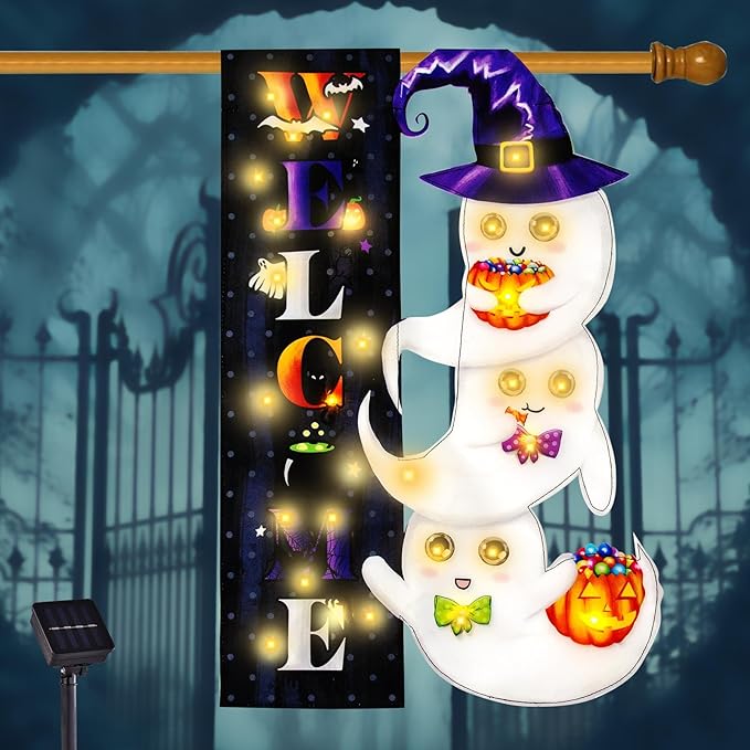 Halloween Lighted Garden Flag, Solar Welcome Ghost Yard Flag for Outside, 8 Modes Double Sided Welcome Halloween Ghost Outdoor Decorations for Home Porch
