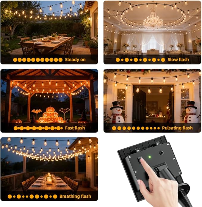 31FT Solar String Lights Outdoor Waterproof IP65 with USB-Charging , Solar Powered LED Patio Lights with 15+1 Shatterproof ST38 Edison Bulbs, Hanging Lights for Outside Backyard Garden Bistro Gazebo