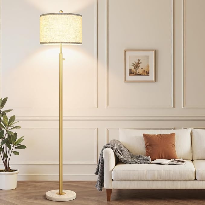 【Upgraded】 Dimmable Floor Lamp for Living Room, 11W LED Bulb Included, Modern Standing Lamp with Marble Base, Tall Pole Light with Linen Shade for Bedroom Reading Office Corner Nursery-Brass Gold