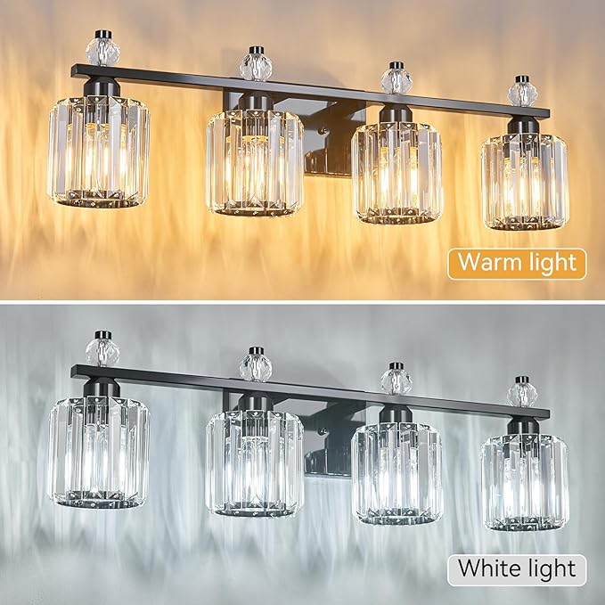 Bathroom Vanity Lights 4-Light Plating Black Modern Crystal Vanity Light Fixtures Over Mirror Crystal Bathroom Vanity Lighting Fixtures