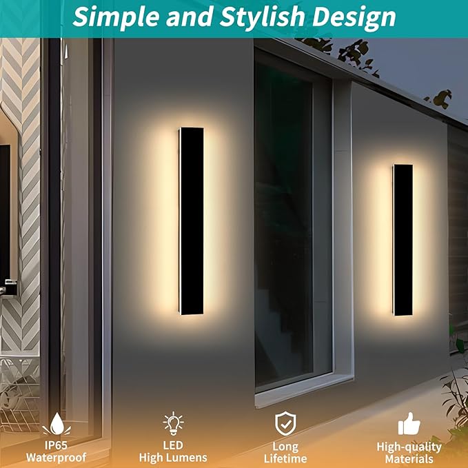 Mikeru 2 Pack 23.6inch Modern Outdoor Wall Sconce, 3000K/4500K/6000K 3 Color Temperature LED Exterior Light Fixtures, Modern Long Porch Lights Wall Sconce for Garage, Doorway, Porch, Patio