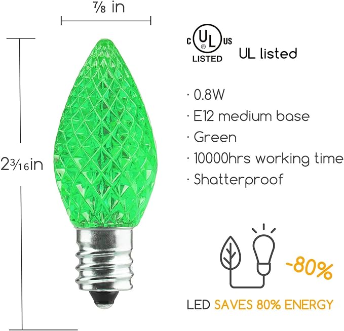 25 Pack C7 Led Replacement Christmas Light Bulb, C7 Shatterproof Led Bulbs for Christmas String Lights, E12 Candelabra Base, Commercial Grade Dimmable Holiday Bulbs, Green