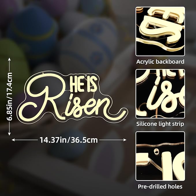 He Is Risen Neon Sign Easter Neon Signs for Wall Decor Jesus Led Sign USB Neon Lights for Bedroom Christmas Party He Is Risen Easter Decor