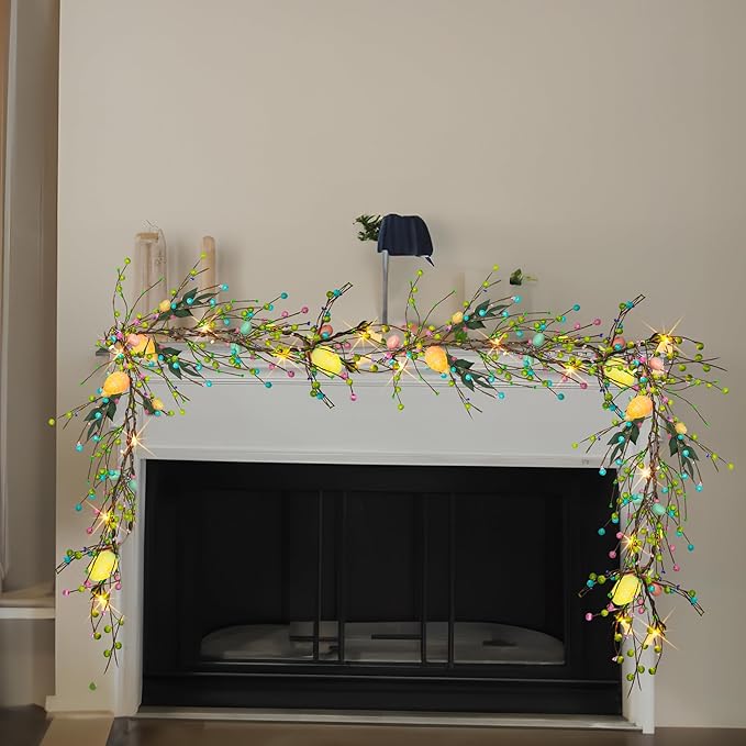 NEROSUN 2 Pack 12 FT 40 LED Battery Operated Lighted Easter Egg Garland with 8 Modes, Artificial Green Plastic Garland for Indoor/Outdoor Home Fireplace Party Door Decoration