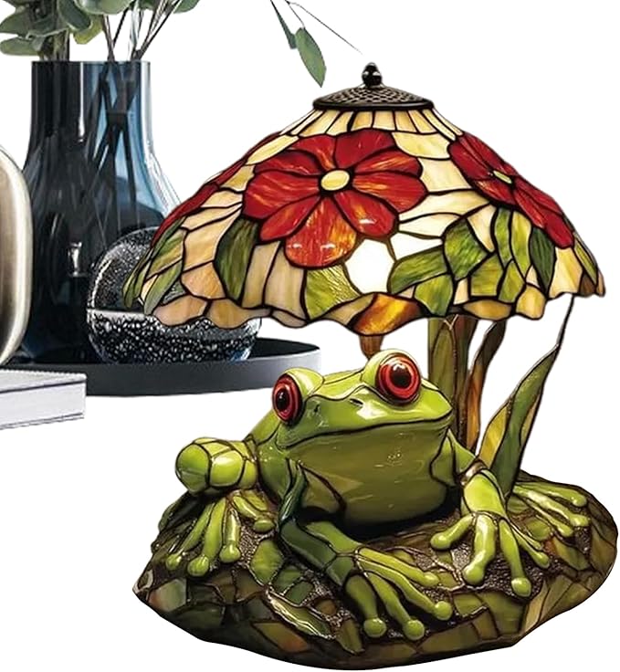 Table Lamp, Frog and Flower Shaped Tables Lights, Rustic Garden Style Stained Glass Tables Lamp, Small Bedside Lamps, Decorative Lamps for Dining Room Nursery Nightstand Home Bedroom Bookshelves