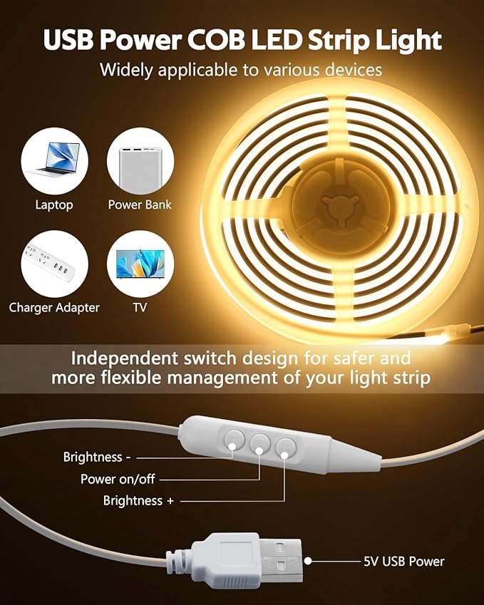 USB COB LED Strip Light Waterproof 5V 6.6FT 3000K Warm White COB LED Rope Light for Bedroom with Dimmer High Density 320LEDs/M Tunable Flexible LED Tape Light for TV Backlight Mirror Decor 2M