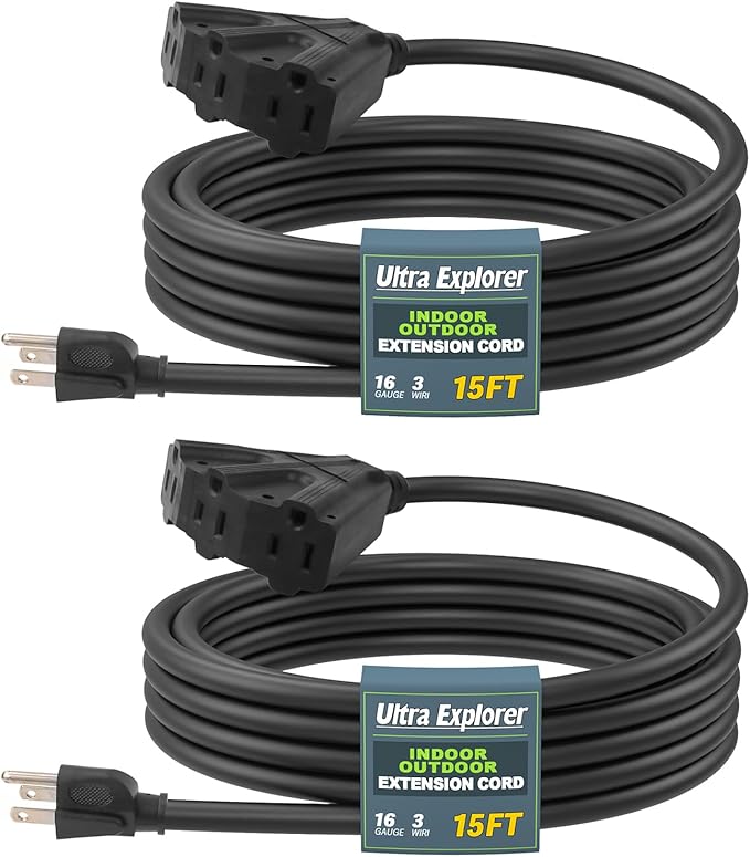 15 Ft 2 Pack Outdoor Extension Cord with 3 Electrical Power Outlets - 16/3 SJTW Long-Lasting Black Cable with 3 Prong Grounded Plug
