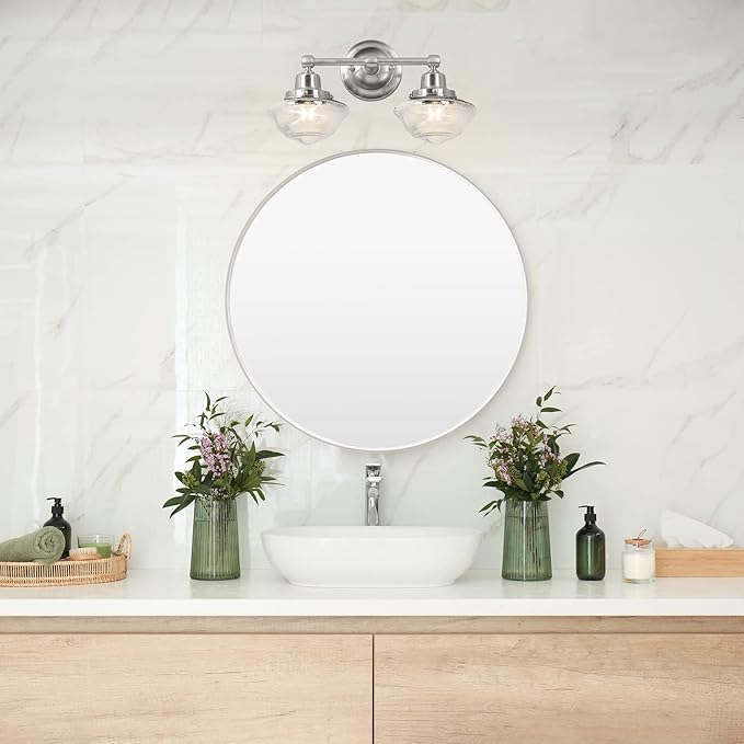 Design House Vintage-Inspired Schoolhouse 2-Light Dimmable Vanity Light, 16.875 in x 7.625 in x 9.5 in, Satin Nickel, Clear Seeded Glass Shades, 589135-SN