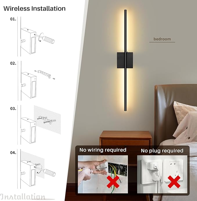 Removable 10000mAh Battery Operated 2 Pack Wall Sconces Lamps Remote Control & 4 Pack Batteries 31.5’‘ Rechargeable Dimmable Black LED Wireless 13.6W Wall Lights for Living Room Bedroom Picture Foyer