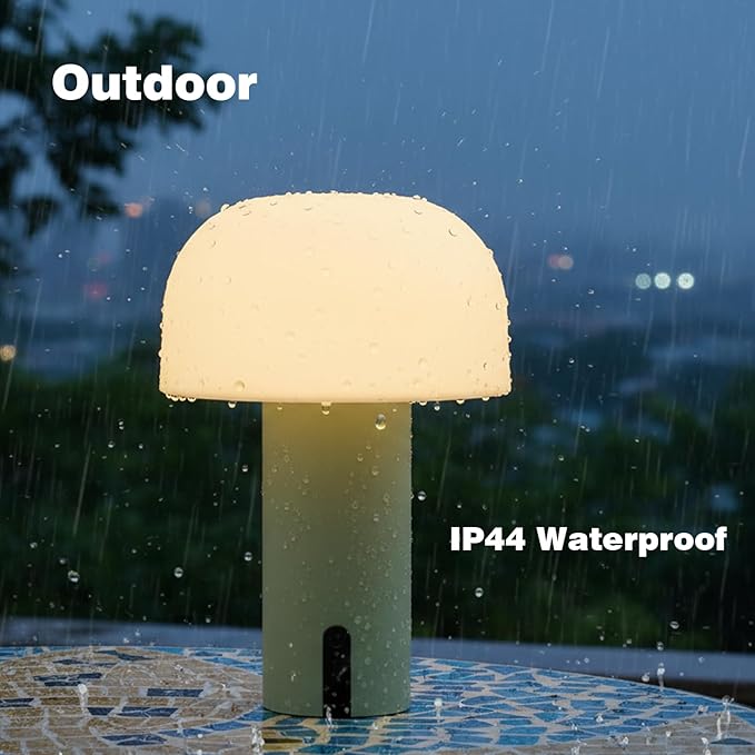 Cordless Mushroom Table Lamp for Outdoor/Indoor, Rechargeable Waterproof Battery Operated Lamp, 3-Color Touch Dimmable Light for Bedside/Shower/Patio/Camping/Dinning/Counter/Kitchen/Nursery Sage Green