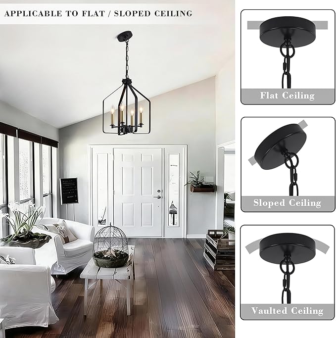 4-Light Black and Glod Chandelier, Geometric Farmhouse Cage Pendant Light, Adjustable Industrial Rustic Fixture for Dining Room, Kitchen Island, Entryway & Bedroom